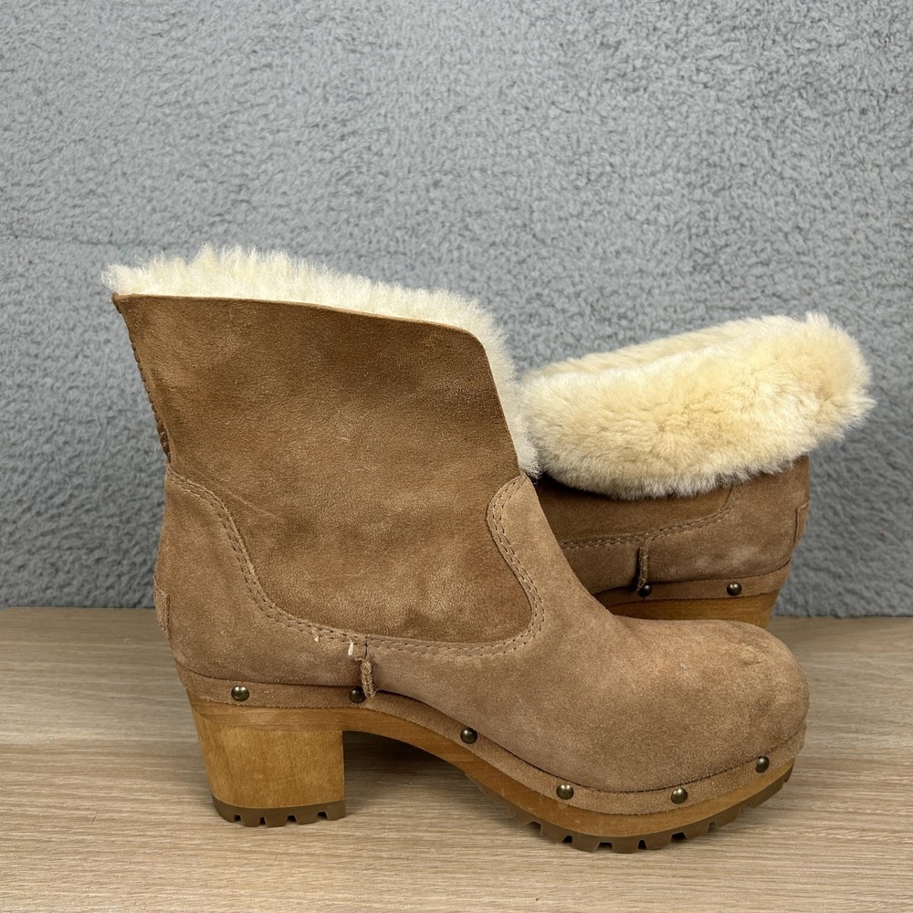 UGG Thebes Booties Womens 8 Chestnut Suede Shearling Clog Wooden Heel Studded